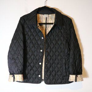 LL Bean Quilted Coat Womens Medium Petite Black Plaid Lining Field Barn Classic